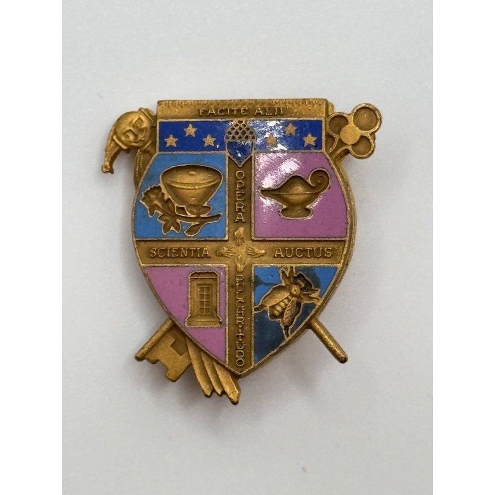 Vintage Fraternity School Opera Scientia Auctus Pulchrituoo Enamel Brooch Pin - Picture 1 of 8